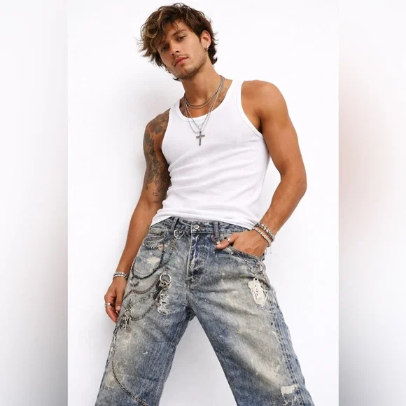 Streetwear Graphic Chain Print Wide Leg Jeans Men M 33 Boho Relaxed Denim NWT - Picture 6 of 13